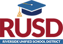 Logo with a stylized mountain and river design, featuring a shining star. The text "Riverside Unified School District" is written below.