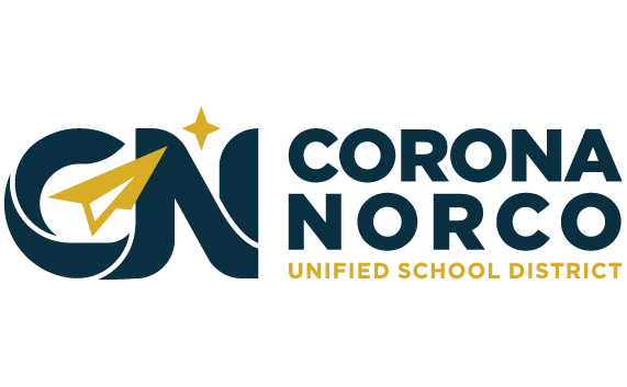 Logo featuring the letters "CN" with a stylized yellow paper airplane and star, accompanied by the text "Corona Norco Unified School District."
