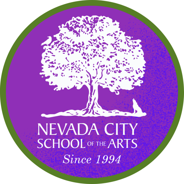 Circular logo with a large white tree illustration in the center on a purple background. Below the tree, text reads "Nevada City School of the Arts" in white and blue, with "Since 1994" at the bottom. Green border encircles the logo.