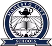 Seal of Modesto City Schools featuring an open book, a quill, and a lamp of knowledge with rays emanating, encircled by a laurel wreath and a blue border.