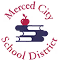 A logo featuring the text "Merced City School District" encircling a design of three stylized books stacked horizontally with a red apple on top.