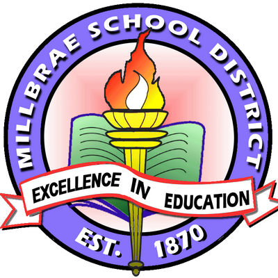 Circular logo with a torch and open book in the center, surrounded by the text "Millbrae School District" on the outer ring, with a banner reading "Excellence in Education" and "Est. 1870" at the bottom.