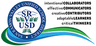 Circular San Ramon Valley Unified School District logo with "SRVUSD" in the center, surrounded by a blue border, green hills, and a stylized river.
