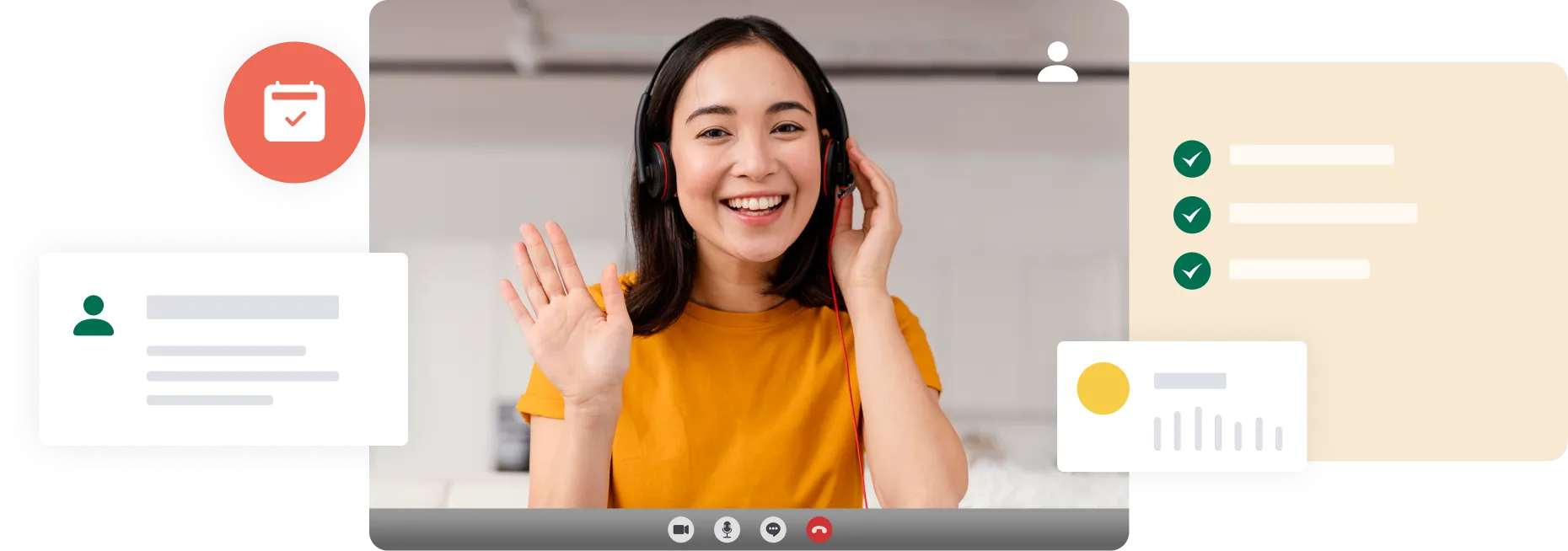 A person waving and smiling during a video call, surrounded by digital interface elements representing a contact, calendar, checklist, and a graph.