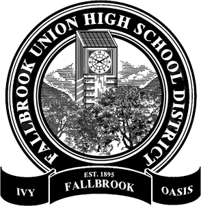 Circular emblem featuring a clock tower and trees in the center, surrounded by the words "Fallbrook Union High School District" and additional text "Ivy," "Oasis," and "Est. 1895 Fallbrook."