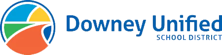 Logo of Downey Unified School District featuring a stylized circular emblem with blue, yellow, and orange segments next to the text "Downey Unified School District."