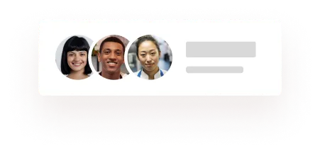 Three individuals with diverse appearances, each in circular frames, are displayed in a row against a blurred, rectangular background.