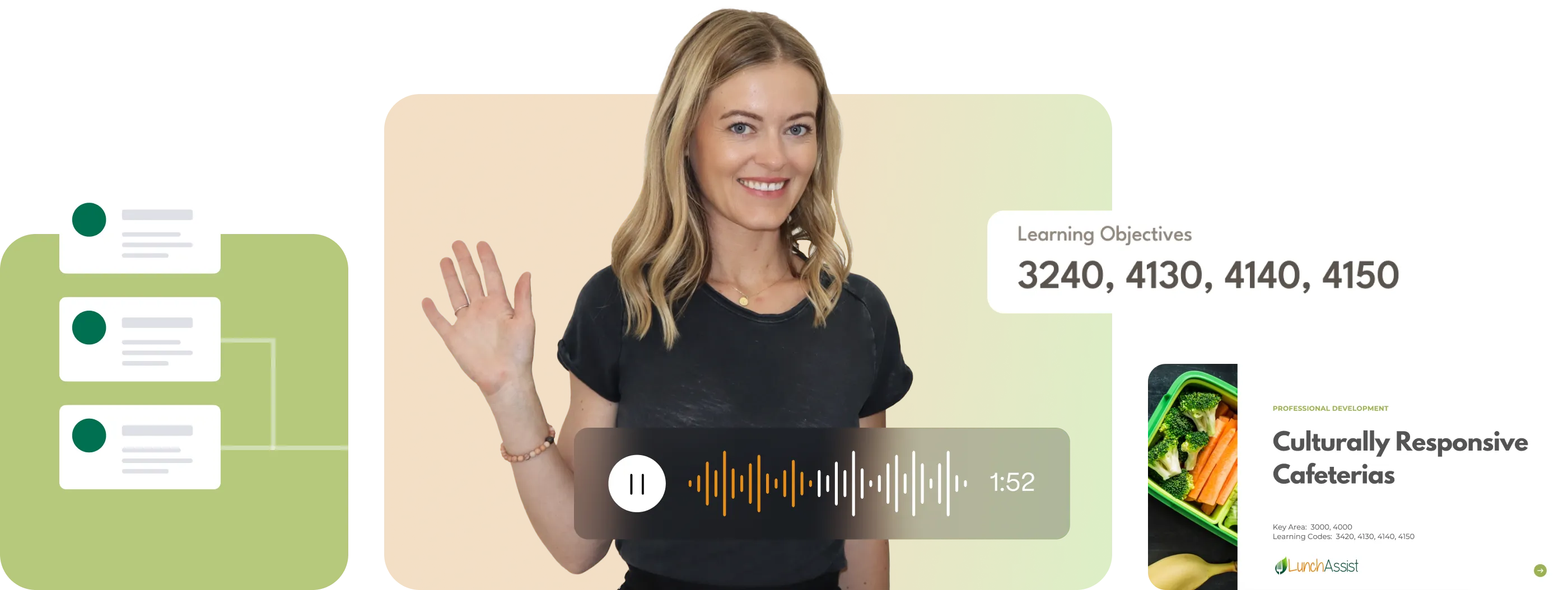 Smiling person waving against a background with learning module labels and audio waveform overlay, surrounded by educational content thumbnails, including text "Learning Objectives 3240, 4130, 4140, 4150" and "Culturally Responsive Cafeterias" with an image of a meal.
