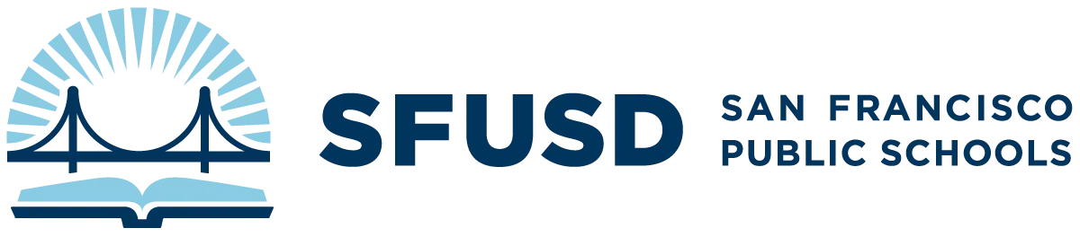 SFUSD logo featuring an open book and bridge design, with the text "SFUSD San Francisco Public Schools" in blue.