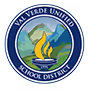 Circular emblem for Val Verde Unified School District with blue border, featuring stylized yellow flames in the center against abstract blue and green background.